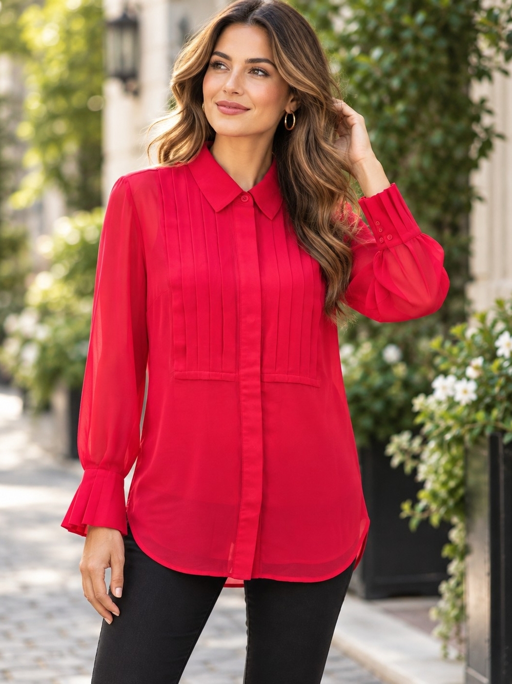 Chico’s Red Pleated Button Down Blouse Size 0.5 US 6 NWT Ruffle Cuff